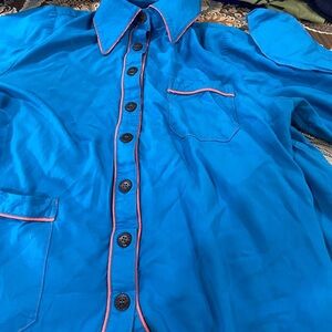 Vibrant Blue Button-Up Pajama Top with Pink Trim